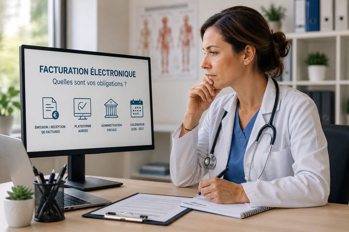 Une professionnelle de santé en blouse blanche réfléchit devant un écran affichant Facturation électronique : quelles sont vos obligations ?