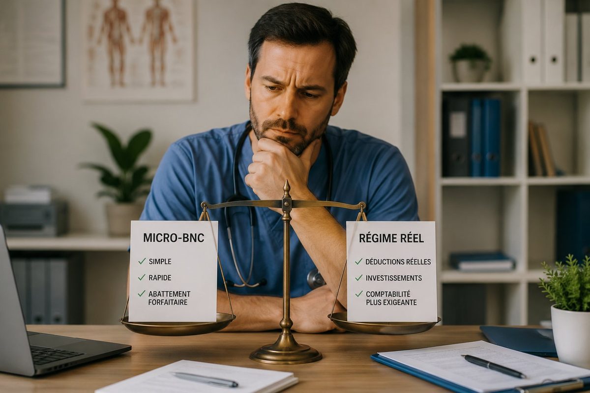 Un professionnel de santé hésite entre le régime micro-BNC et le régime réel, symbolisés par une balance
